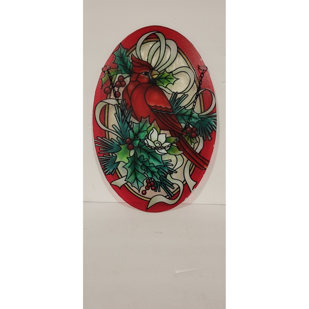 Vintage Cardinal Glass Suncatcher Oval Winter Bird Country Cottage Decor.